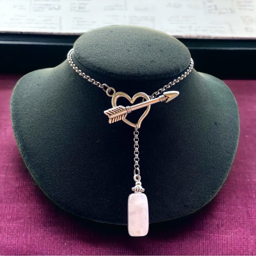 Heart clasp lariat Y shape necklace with rose quartz gemstone